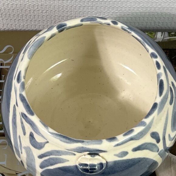 Blue & White Swirl Stoneware Planter Flower Pot Round Wheel Thrown Maker’s Mark - Picture 11 of 17